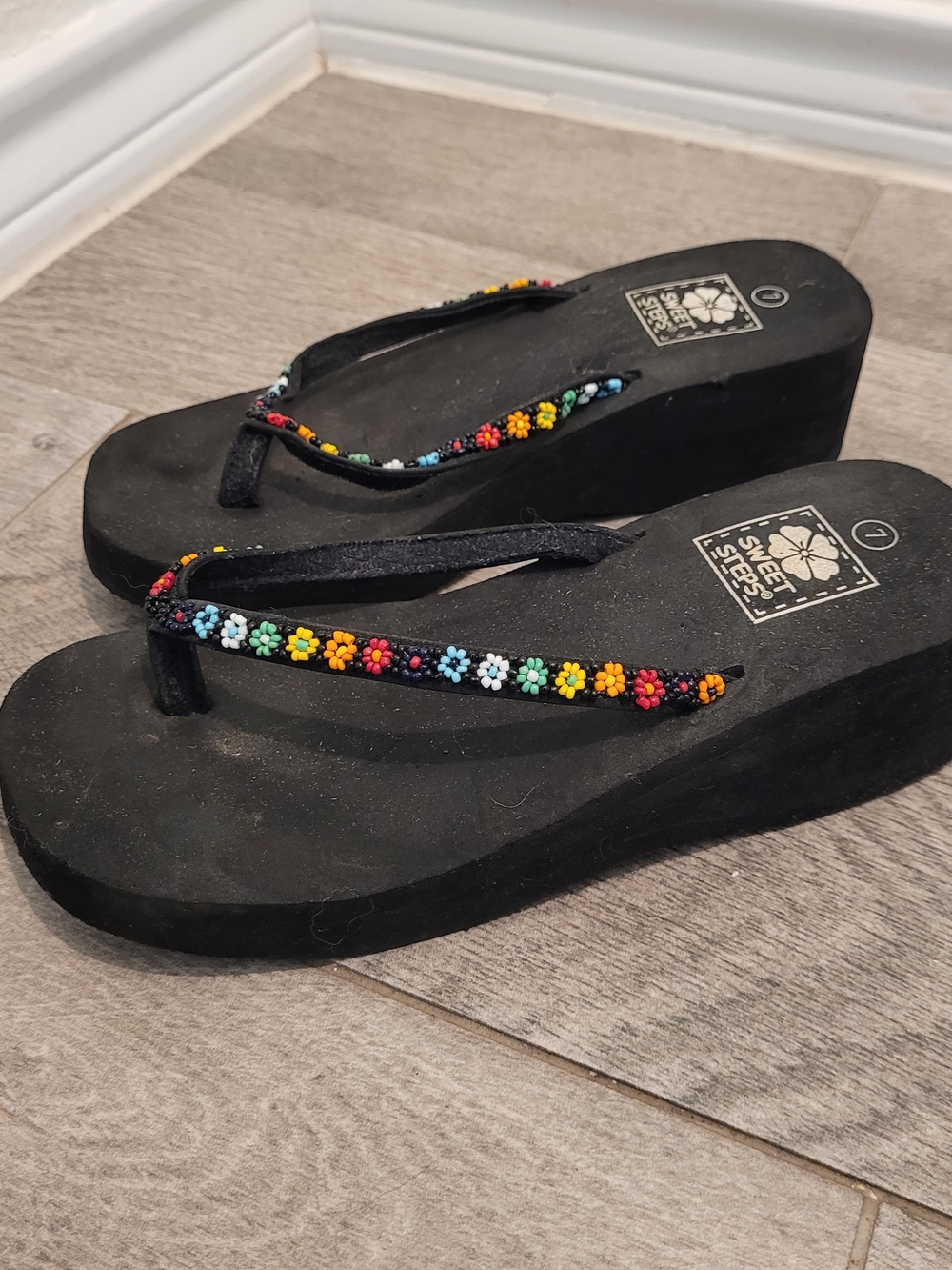 Black Wedge Sandals with Multicolor Beaded Straps